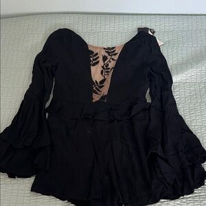 For Love And Lemons Black Ruffle Blouse with Lace
